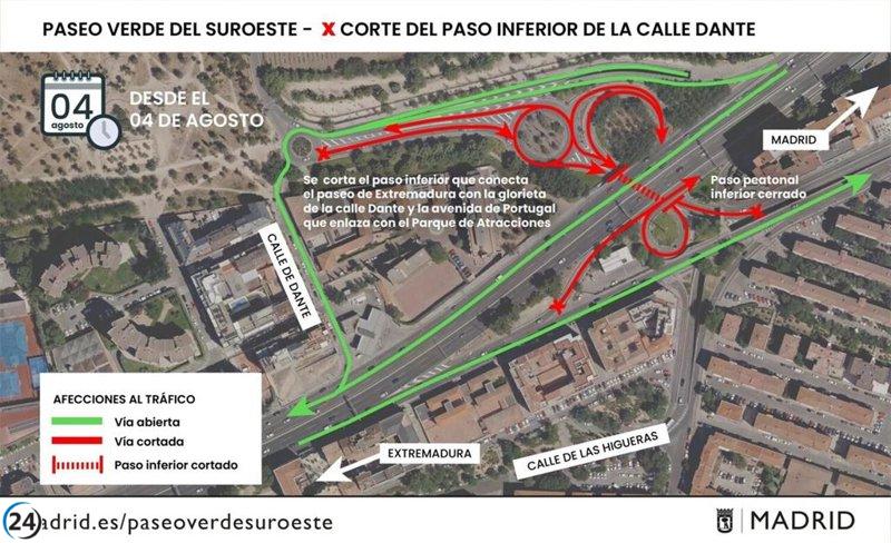 Corte de tráfico en el paso inferior del Parque de Atracciones por obras de soterramiento de la A-5 desde este lunes.