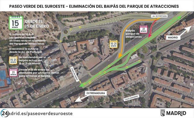 La A-5 regresa a su ruta inicial a partir de este jueves, suprimiendo la curva cerca del Parque de Atracciones.