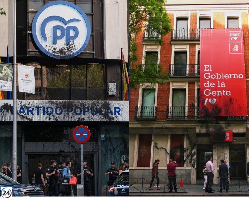 Activistas del Futuro Vegetal denuncian la financiación de la industria cárnica en sedes de PSOE y PP.