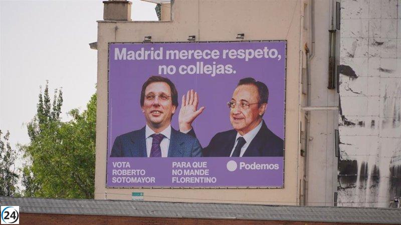 Podemos exhibe lona en Ventas con imagen de Florentino Pérez abofeteando a Almeida.